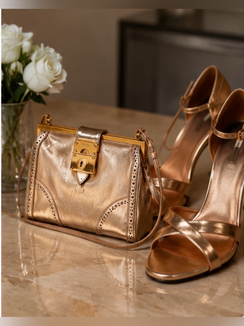 Stunning Miu Miu Vintage Rose Gold Metallic Leather Frame Bag Purse Italy Rare